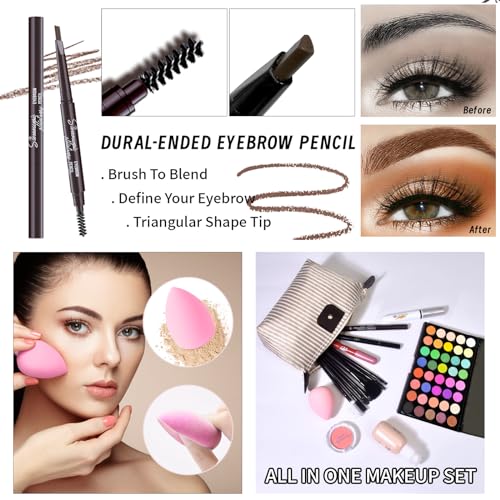makeup set full kit for girls teens women makeup present set includes eyeshadow foundation blusher eyebrow pencil mascara eyeliner brushes lip gloss sponge cosmetic bag