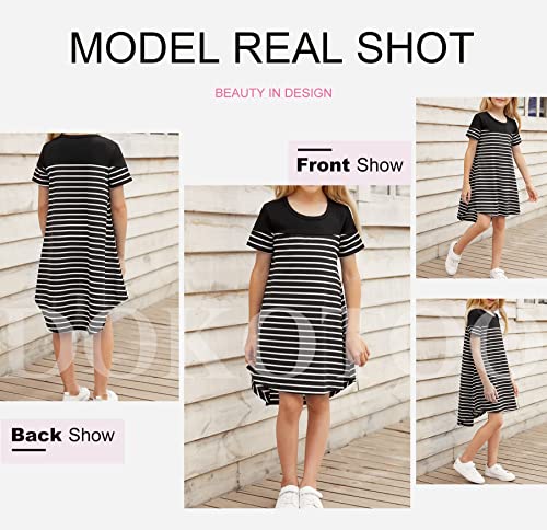 Dokotoo Girls Short Sleeve Crewneck Colorblock Striped Dresses Irregular Hem Casual Loose Midi Dress Black (4Y-5Y) S #TOP3