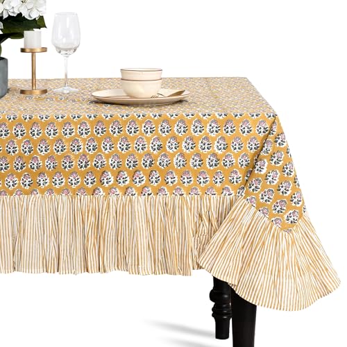 CPC Citrine Yellow Block Print Ruffle Tablecloth 100% Cotton 90"