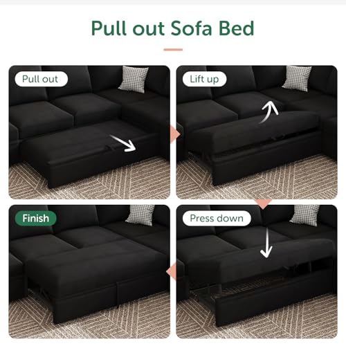 Image of HONBAY Modular Sectional Sleeper Sofa Bed, with Pull Out Bed, Linen Convertible Sectional Couches for Living Room - Black