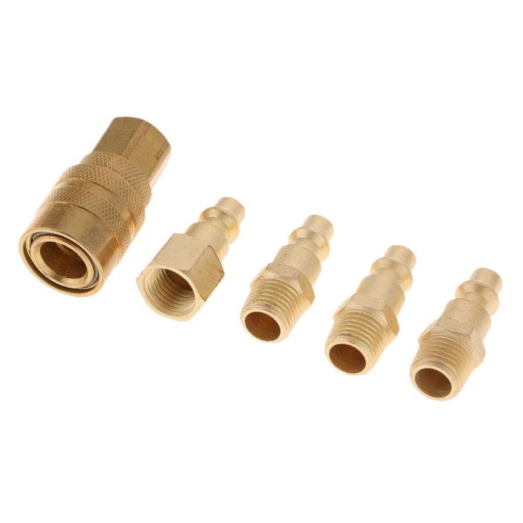 5 Piezas Conectores Neumáticos Kit Aire Empalme Rápido Conjunto con Tapón Automático Antirretorno en Metal Anticorrosión Apto para Compresor, 6 piezas
