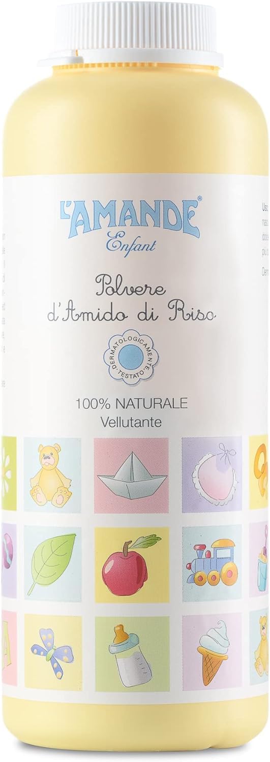L'AMANDE - Amido di Riso Bagnetto Neonato, Talco Profumato in Polvere per Bambini e Neonati, Rinfrescante ed Emolliente Contro Arrossamenti e Irritazioni, Polvere Vellutante Naturale - Enfant, 150 g