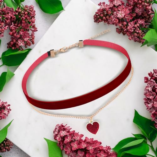 HekouJiub Gothic Samt Halskette Halloween Rot Trachtenkette Damen Choker Halskette mit Herzanhänger Verstellbare Herz Halsband 80er 90er Jahre Schleifenkette für Halloween Cosplay Party