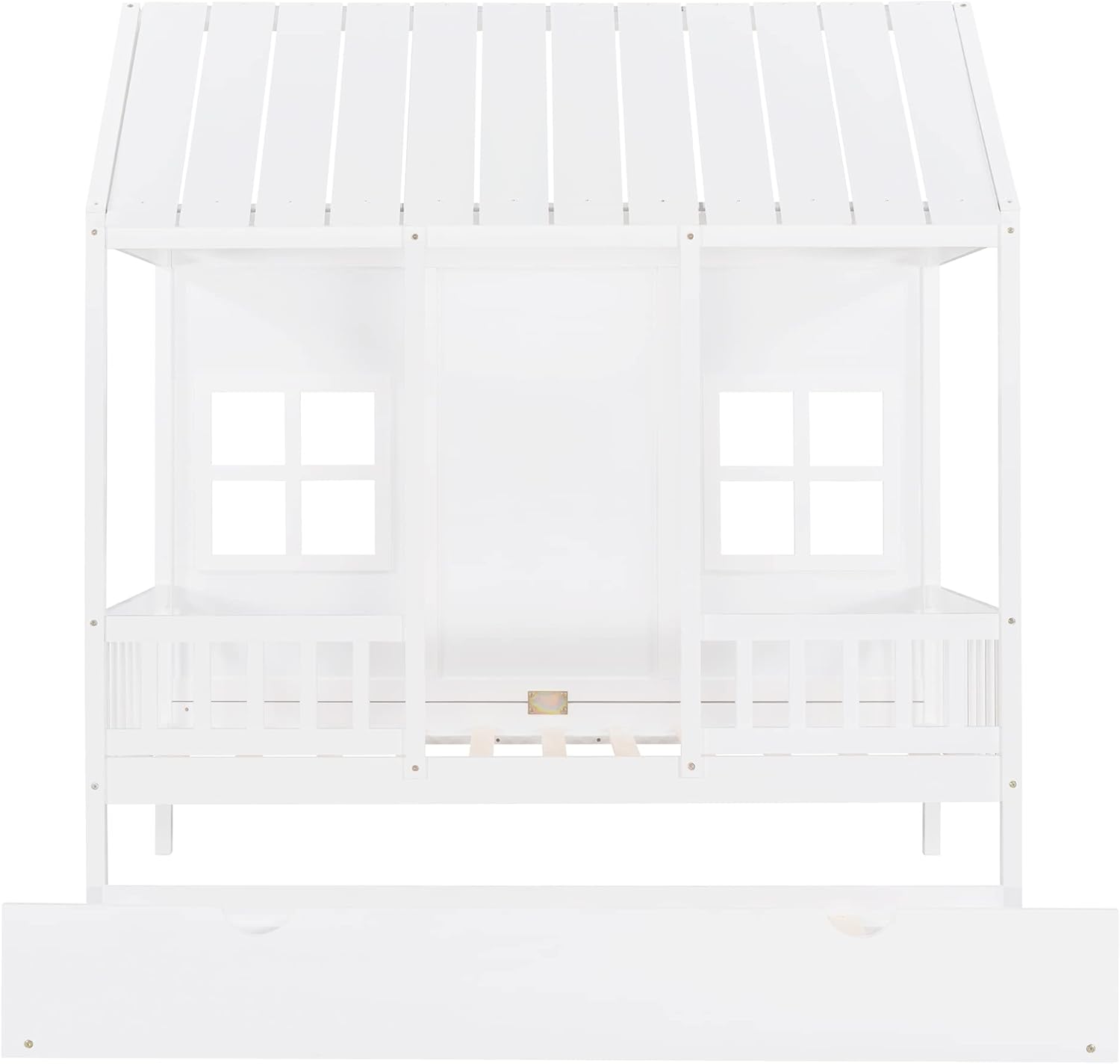 Twin Size Wood House Bed with Trundle,Playhouse Bed-Frame w/Roof and Window & Slat Support,Easy Assembly,for Kids,Teens,Girls,Boys,White