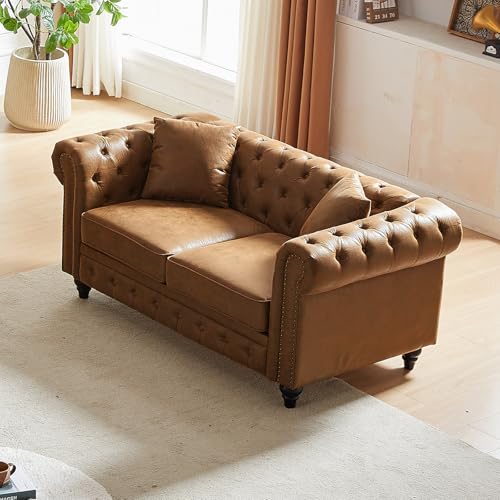 Image of Modern Chesterfield Sofa Couch, 63.5-inch Faux Leather Loveseat Sofa with Rolled Armrests and Tufted Button for Living Room, Office, Brown