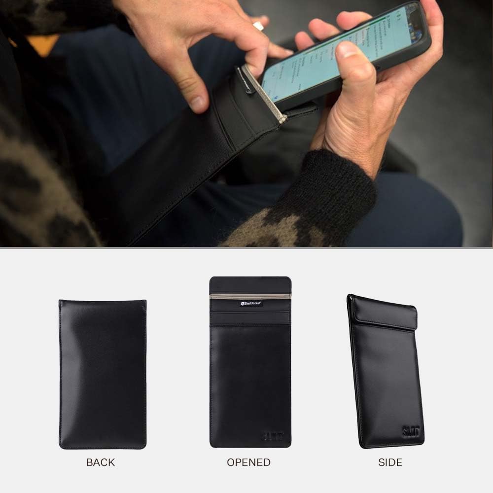 Silent Pocket SLNT Faraday Leather Smartphone Sleeve Signal Blocking Device Shielding for iPhone, Samsung Galaxy, Most Phones, Anti-Hacking (Black Leather, Medium) - Image 2