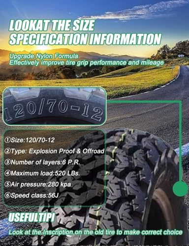 Upgrade Tires 120/70-12 Scooter Tubeless Tire, Front Rear Moped Motorcycle 12 Inch Rim, 6 P.R. 58J Max Load 520 LBS 280 kPa Wear-Resistant Knobby Off Road Tread - Thumbnail 5