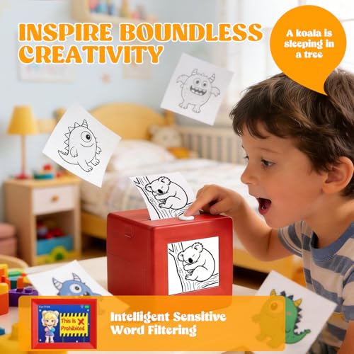 Image of AI Voice Activated Sticker Printer, Smart Portable Thermal Sticker Maker Toy with Voice-to-Image Generation, 3 Paper Rolls and 5 Coloring Markers