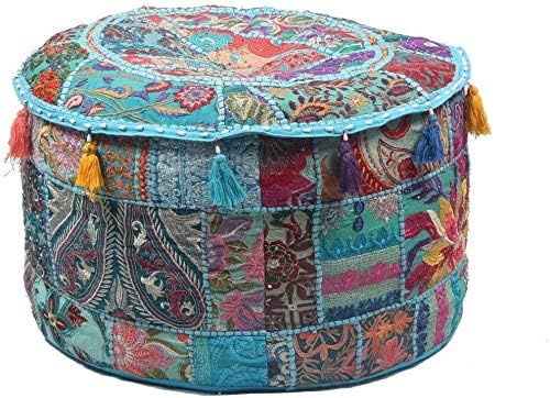 GANESHAM Indian Hippie Vintage Cotton Floor Pillow & Cushion Patchwork Bean Bag Chair Cover Boho Bohemian Hand Embroidered Handmade Pouf Ottoman (Turquoise, 13" H x 22" Diam.(inch))