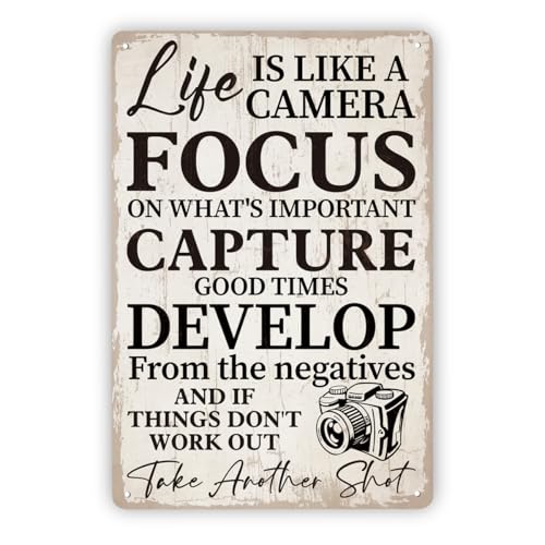 Funny Vintage Metal Tin Signs, Family Decor, Life is Like a Camera Wall Inspirational Art, Gifts for Photographers, Gift and Friends 8"x12"