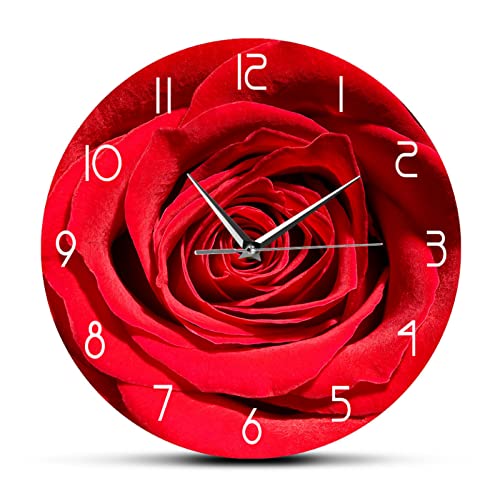 AMZOC Wanduhr 30 cm Rote Rosen-Blumen-Druck Name-Wanduhr-Moderne Blumenschlafzimmer-Dekor-Personalisiertes Geschenk Für Sie Botanische Wand-Kunst-Uhr