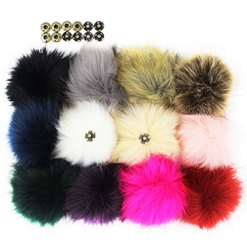 12pcs DIY Faux Fake Fur Pom Pom Fluffy Pompom Ball with Press Button for Knitting Hats Accessories 4.3 Inches (Colorful Mix)