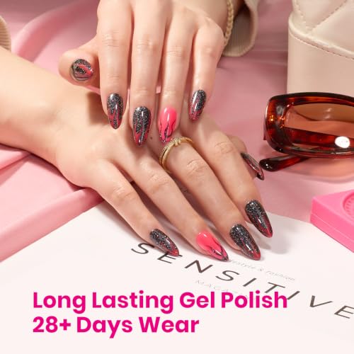 Image of Beetles Hot Pink Gel Nail Polish Set, 6 Colors Glitter Purple and Black Shimmer Electric Carnival Collection, Dreamy Swirl Thread Effect, Soak Off UV LED Manicure Kit Gift for Women