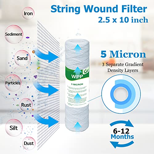 Vegebe 5 Micron String Wound Whole House Water Filter 10" X 2.5", 10-Inch Universal Sediment Pre-Filters For Well Water, Replacement Cartridge For Fxwsc, Cw-F, Cw-Mf, 1Ss, W5W, Ao-Wh-Pre-R2, 6-Pack #TOP1