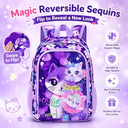 KLFVB Girls Toddler Cat Backpack, Water Resistant Sequins Kindergarten Bookbag, 13" Preschool Backpacks for Little Kids - Cat Purple by KLFVB - Used condition - Image 2