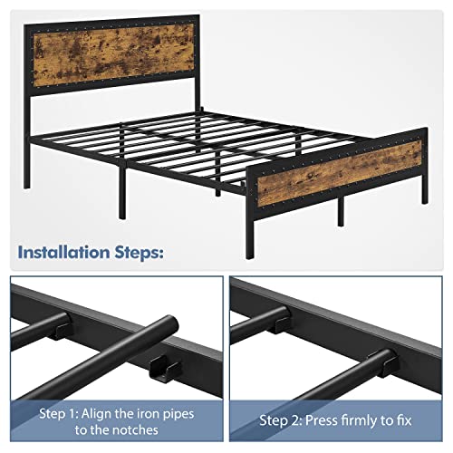 Yaheetech Industrial Metal Platform Bed Frame With Wooden Rivet Headboard Footboard/Strong Metal Slats Support /12 '' Underbed Storage/Noise-Free/No Box Spring Needed, Rustic Brown-Queen #TOP7