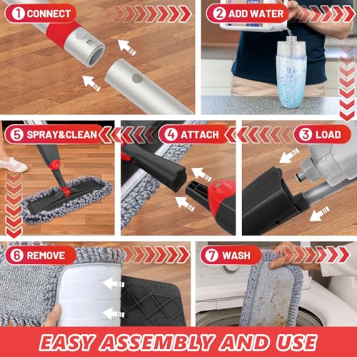 Image of HOMTOYOU Microfiber Hardwood Floor Mop: Spray Mop for Cleaning Wood Floors | Wet Mopping & Dry Sweeping, 3 Reusable Refill Pads, 1Pcs 400+ML Refillable Bottle, 360 Swivel Head, Black