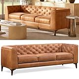 POLY & BARK Essex 89” Full-Grain Italian Leather Sofa – Tufted Back, Feather-Down Comfort, Solid Wood Frame, Cognac Tan