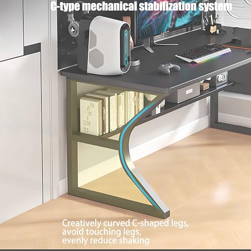 مكتب ألعاب من واميت كبير لشاشات مزدوجة كمبيوتر طاولة مقاس عمق 140 × ارتفاع 60 عرض 75 سم لون أسود