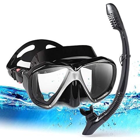 Snorkel Diving Mask Panoramic HD Swim Mask, Anti-Fog Scuba Diving Goggles,Tempered Glass Dive Mask Adult Youth Swim Goggles with Nose Cover for Diving, Snorkeling, Swimming (Black Set) Cover