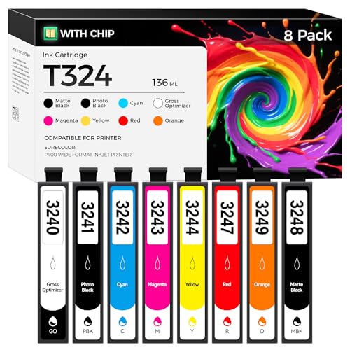 Image of Remanufactured T324 Ink Cartridges 8-Pack Set High Yield Replacement Compatible with T3240 T3241 T3242 T3243 T3244 T3247 T3248 T3249 Ink Works with SureColor SC-P400 P400 Wide Format Inkjet Printer