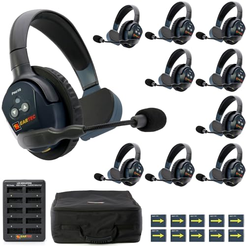 EARTEC Ultralite PRO16 ETP10S Full-Duplex Long Range Wireless Intercom System - 10 Single Ear Headsets, Up to 1/2 Mile Range, 2.4 GHz, U.S. Company