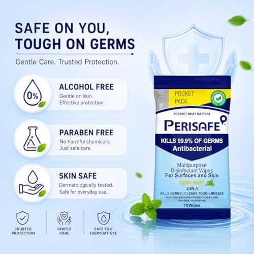 Image of PERISAFE Multipurpose Disinfectant Wipes For Surfaces & Skin | 10 Wipes (Pack of 24) | 100% Biodegradable | Antibacterial | 2-IN-1 | Kills Germs & Cleans Tough Messes | Fresh Mint