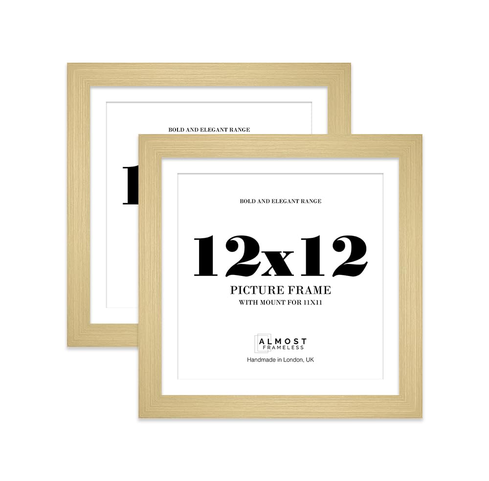 12x12" Gold Square Frame With Mount for 11x11" Pictures 28mm Edge Frame Display with Wall Hooks and Kickstand, 2 Pack