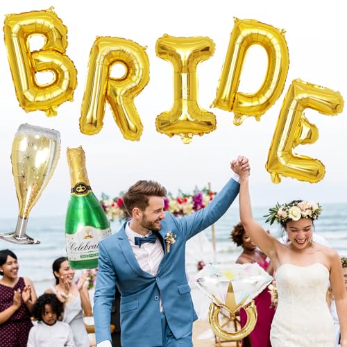 Image of 40inch Bride Balloons Gold Letters Banner, Bachelorette Party Decorations Set with Diamond Ring Champagne Bottle Balloon Glass Foil Balloon for Gold Bachelorette Engagement Wedding Bridal Shower Decor