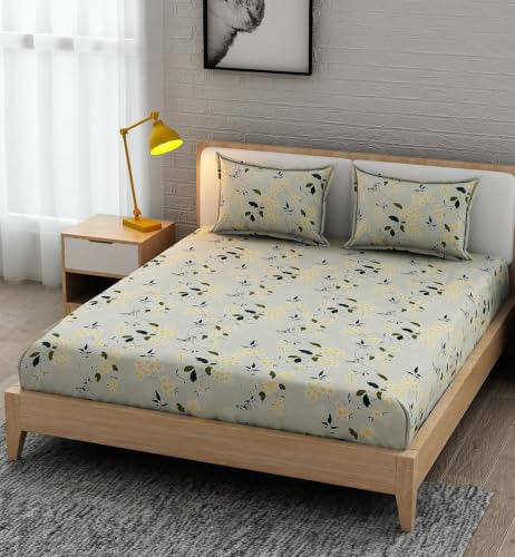 Image of 380 TC Premium Glace Cotton Elastic Fitted Bedsheet King Size with 2 Pillow Covers King Size | Double Bed with All Around Elastic (GREENL, Fitted - 72 inchx78 inch King)