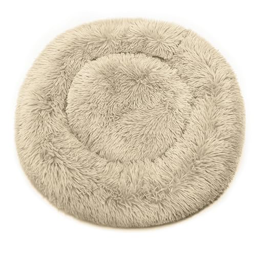 Image of Dream Paws Calming Donut Dog Bed for Small Medium Dogs & Cats | Fluffy Plush Washable Non-Slip Puppy Bed | Anti Anxiety Stress Reducing Faux Fur Warming Round Pet Bed | Caramel, 60x60cm