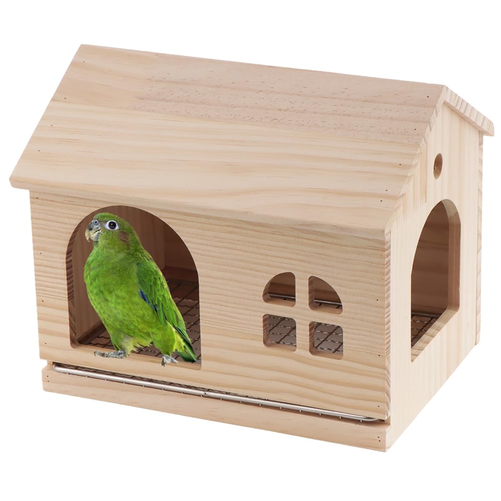 Nido per uccelli in legno per gabbie per piccoli uccelli, pappagalli, parrocchetti, calopsitte, parrocchetti, conuri, inseparabili, fringuelli (con rete inferiore in acciaio inossidabile)
