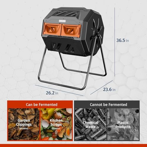 Image of East Oak Compost Tumbler Outdoor, 43-Gal Dual Chamber Compost Bin with 2 Sliding Door and Aeration System, Tumbling Rotating Composter Bin for Garden, Kitchen, Yard