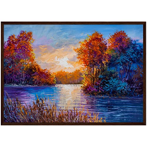 Cadre bois foncé et impression paysage de lac pour salon élégant