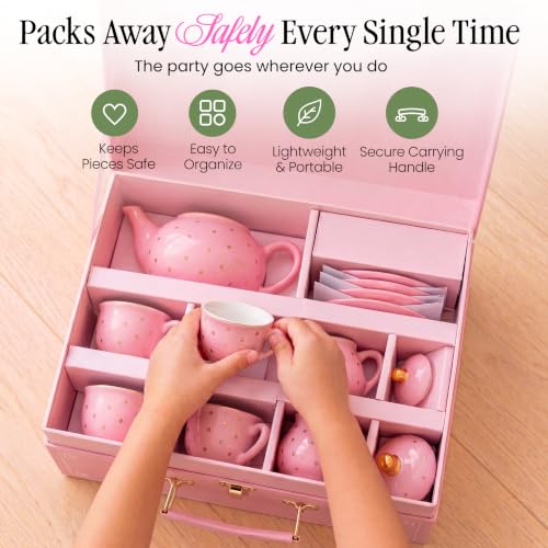 Image of Giggle & Honey Tea Party Set for Little Girls, Pink Gold Polka Dot Porcelain Kids Tea Set with Carry Case, Teapot Cups & Saucers, Princess Pretend Play Birthday Gift for Girls Ages 3, 4, 5, 6, 7, 8