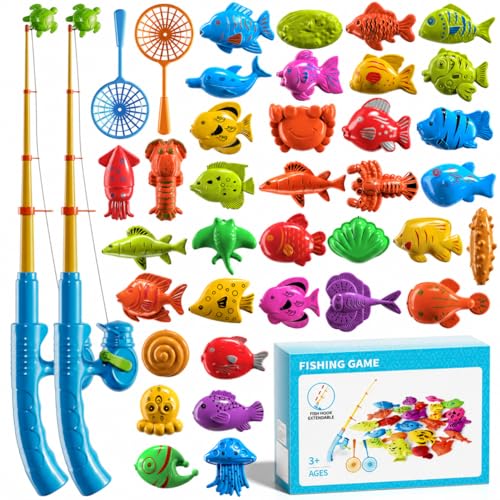 Magnetic Fishing Toys Game Set for Kids Toddlers, Bath Pool Garden Beach Outdoor Toys with Pole Rod Net, Plastic Floating Fish | Educational Water Table Bathtub Toy for Age 3 4 5 6 7 8