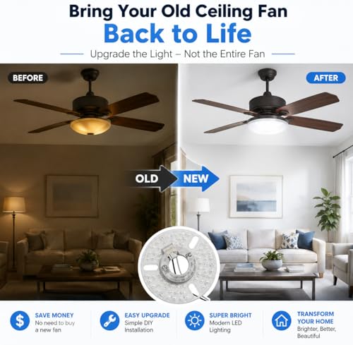 Image of 5 inch LED Ceiling Fan Light Kit Replacement, 18W Universal Retrofit Light for Flush Mount Fans, 3-Color Adjustable, Farmhouse Style, Energy Efficient, Easy DIY Installation for Old Lighting Fixtures