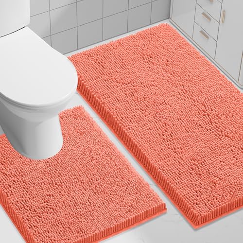 Image of Smiry Bathroom Rugs Set 2 Piece, Soft Absorbent Chenille Bath Mat and U-Shaped Toilet Rug Set, Non Slip Shaggy Bath Carpet for Tub, Shower and Floor (30x20+24x20, Coral)