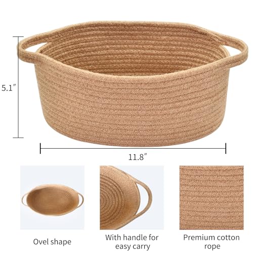 Image of ABenkle Small Basket with Handles, Boho Decorative Rope Woven Dog Cat Toy Storage Bin Shelf Storage Organizer, Easter Christmas Gift Basket, 12 inchx8 inchx5 inch