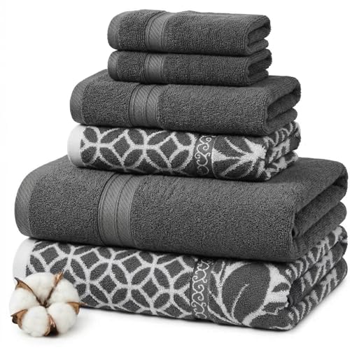 Modern Threads Botanical Vine 6-Piece 100% Cotton Towel Set – Reversible Yarn Dyed Jacquard – Includes 2 Bath Towels, 2 Hand Towels, 2 Washcloths – Absorbent, Quick Dry, Soft & Durable – Gray