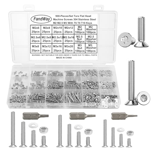 FandWay M2 M2.5 M3 Torx Vis à Métaux et écrous,900 Pièces Vis à Tête Plate Torx,Boulon et écrous Rondelles,Boulons Tete Fraisee Entièrement Filetées en Acier Inoxydable 304.