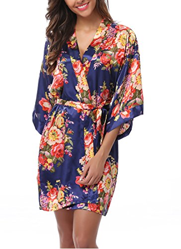 1Stmall Women's Floral Robe Satin Kimono Short Bridal Party Sleepwear Bridesmaids Robes For Women Silky Dressing Gown 2 Big Pockets, Navy Blue-M #TOP1