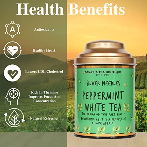 Image of Sancha Tea Boutique, Peppermint White Tea, 75g Loose Leaves, Pure Buds, Silver Needles, Supports a Calm Focus, Low Caffeine