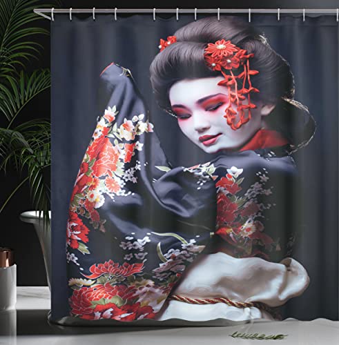 Lunarable Japan Shower Curtain, Young Geisha In Kimono With Sakura Traditional Oriental Costume Makeup, Cloth Fabric Bathroom Decor Set With Hooks, 69" W X 70" L, Black Cream #TOP2
