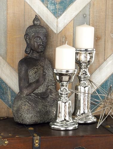 Deco 79 Glass Handmade Decorative Candle Holder Turned Style Pillar Candle Stand, Set of 2 Candlestick Holder 9\", 12\"H, Silver