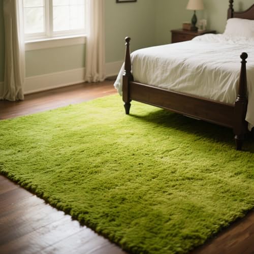 Green Rug for Bedroom, 5x7 Fluffy Area Rugs for Kids Playroom, Furry Carpet for Nursery Room, Shaggy Rug for Teen Living Room, Thick Fuzzy Plush Rug for Dorm, Cute Room Decor for Baby