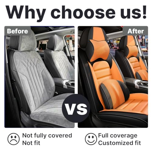 Image of Front Set Car Seat Covers for Jeep Compass 2007-2026, Waterproof Stain-Resistant Seat Cover, Premium Nappa Leather Seat Protectors with Storage Pockets(Luxury 2 Seats /Black&Orange)