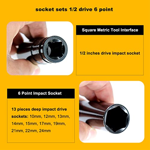 1/2 Inch Drive Deep Impact Socket Set 6-Point Drive Socket Sets Cr-V Steel Sockets Adapters 10 Pieces #TOP3