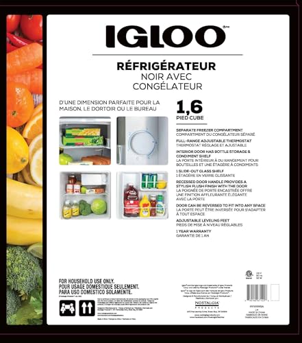 Igloo 1.6 Cu.Ft. Compact Refrigerator - Adjustable Thermostat, Glass Shelves, Includes Scraper, Ice Cube Freezer Drip Tray - Black - Image 4