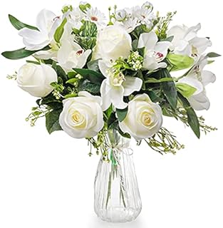 Love Bloom Fake Artificial Flowers with Vase - Fully Bloom Flower Bouquet with Silk Roses and Orchids in a Clear Vase with Satin Ribbon - For Wedding, Home Decor, Office, Table Centrepiece & Party